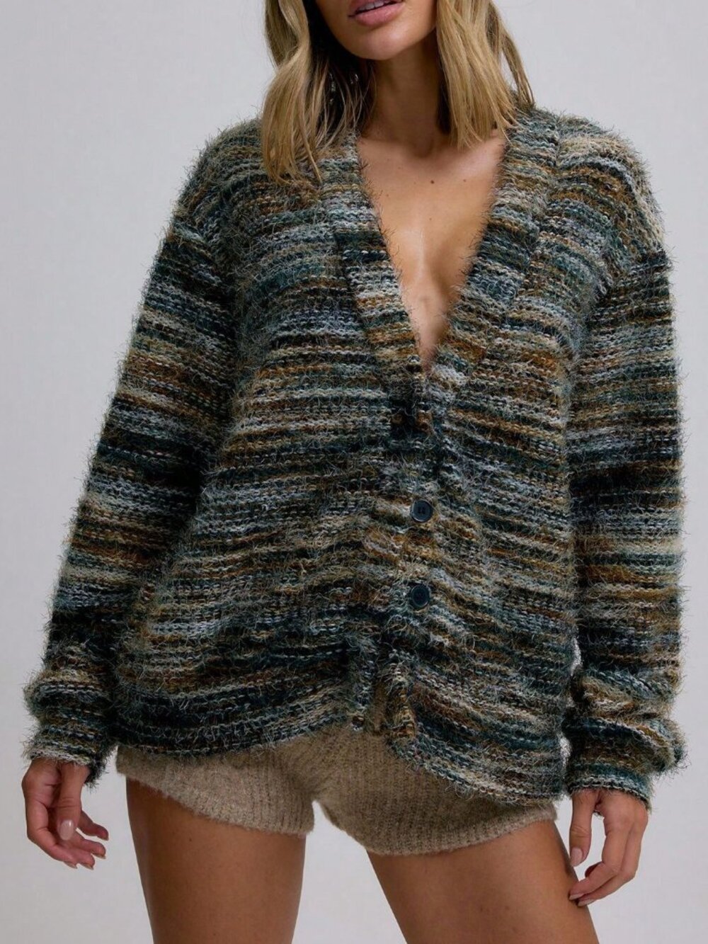Multicolor Casual Women's Oversized Textured Stripe Knit Cardigan